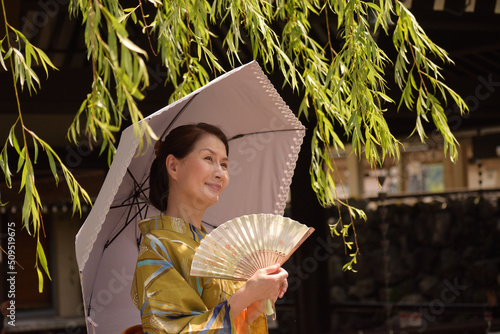 浴衣を着て日傘をさす女性
