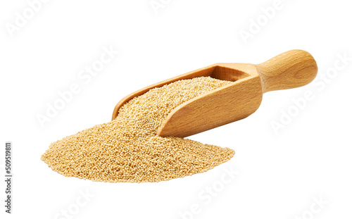Small wooden spoon or scoop with organic amaranth isolated on white background. photo