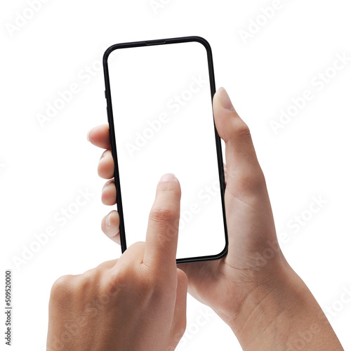 Canvas Print Woman holding a phone and tapping on the screen