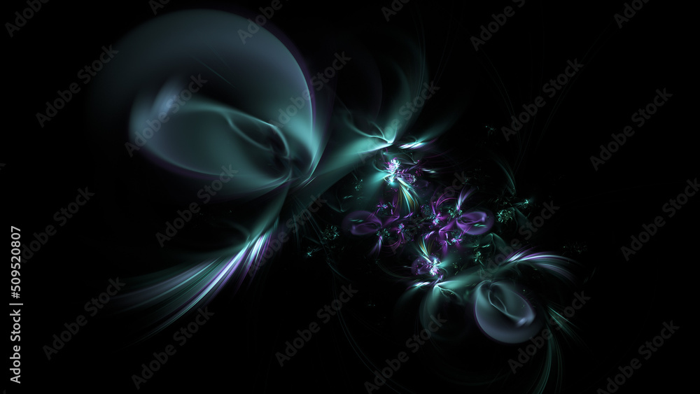 Abstract green and violet shiny flowers. Fantasy space background. Digital fractal art. 3d rendering.