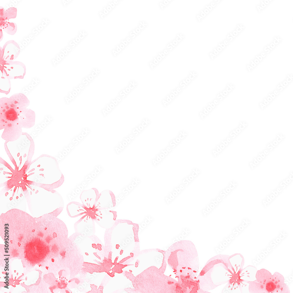A corner of pink flowers. Watercolor illustration. Isolated on a white background. For design.