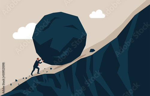 Strong businessman pushing huge stone up the hill. Business problem crisis hardship and burden concept. Vector Illustration.