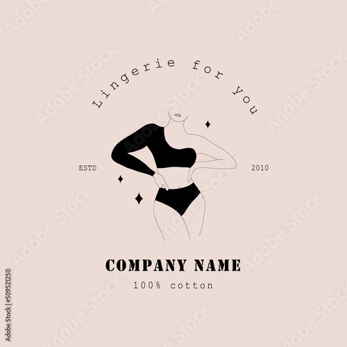 Logo design for lingerie shop. Logotype of female underwear. Contemporary minimalist woman figure in linear style. Modern vector hand drawn illustration.