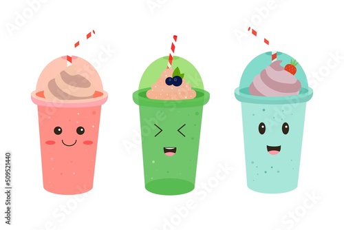 Set of milkshakes with kawaii eyes isolated on white background in flat style. Vector illustration