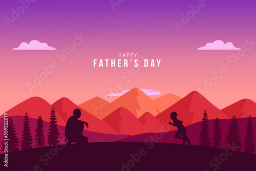 Happy Father's Day Background. Silhouette of father and son in the mountains vector illustration © ryanbagoez