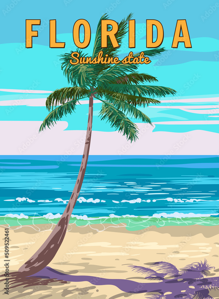 Florida Beach Retro Poster. Palm on the beach, coast, surf, ocean