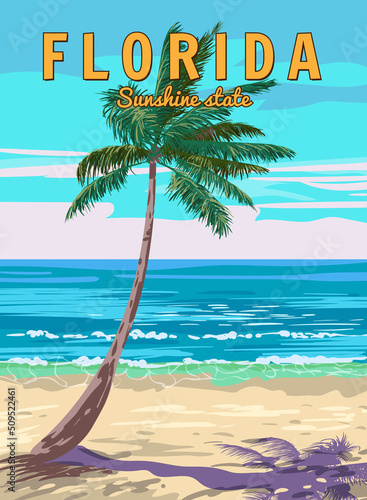 Florida Beach Retro Poster. Palm on the beach, coast, surf, ocean. Vector illustration vintage