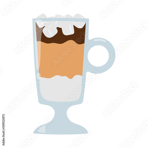 Cartoon iced latte in glass cup. Refreshing summer drink. Isolated vector illustration. 
