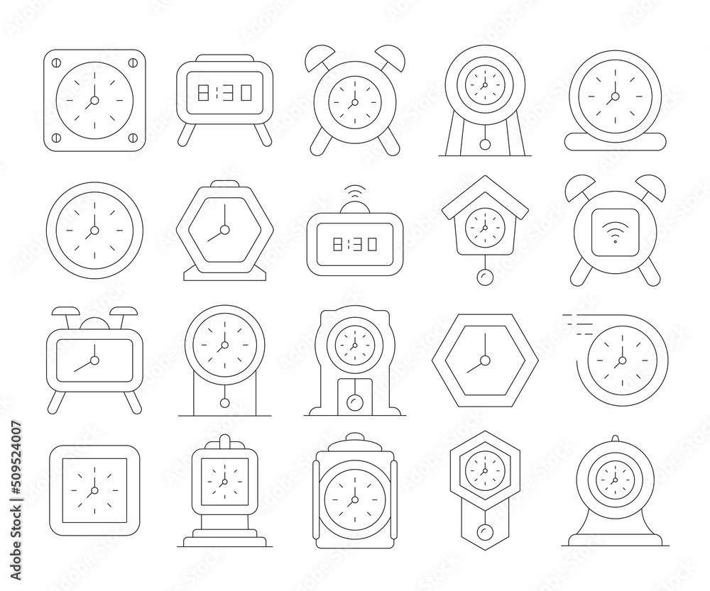 clock and alarm clock icons set line vector illustration clock and alarm clock icons set line vector illustration