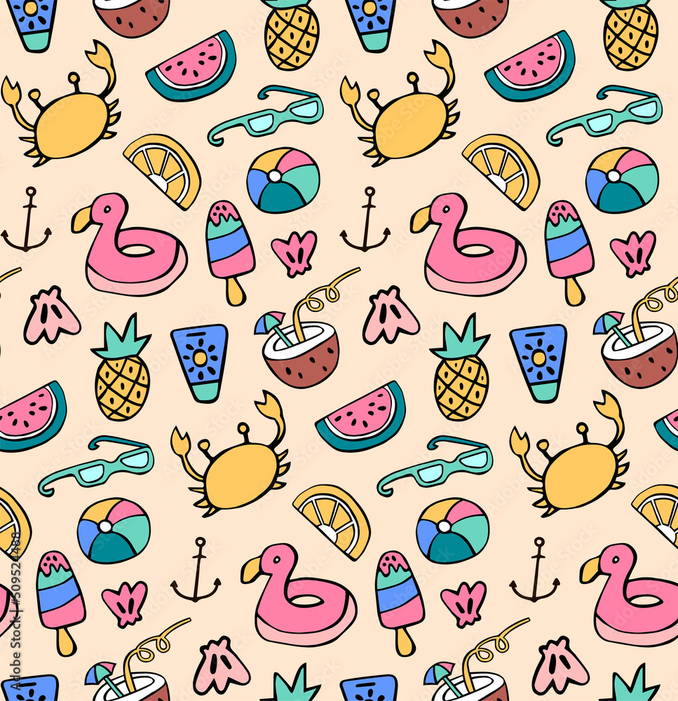 Seamless pattern summer fruits icons doodles set Seamless pattern summer fruits icons doodles set