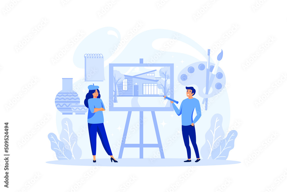 Graphic illustration artist working on the computer. Picture on the device screen. Digital illustration. Creativity concept. Flat illustration vector Graphic illustration artist working on the computer. Picture on the device screen. Digital illustration. Creativity concept. Flat illustration vector