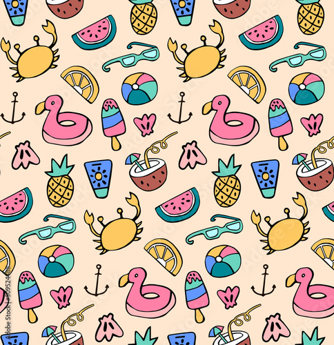 Seamless pattern summer fruits icons doodles set