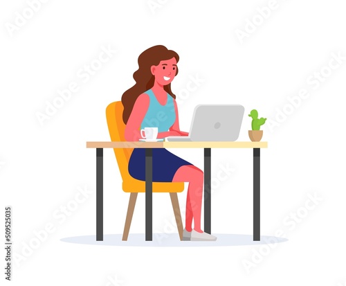 The girl sits at the table and works at home at the computer. Work at home, home office. Remote work, freelance