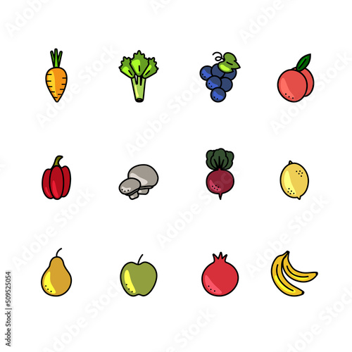 12 food line icons vegetable and fruit