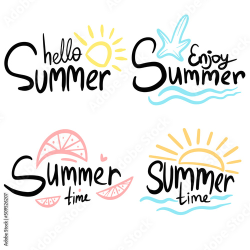 Vector Set of Summer labels, logos, hand drawn tags and elements for summer holiday, travel, beach vacation, sun.