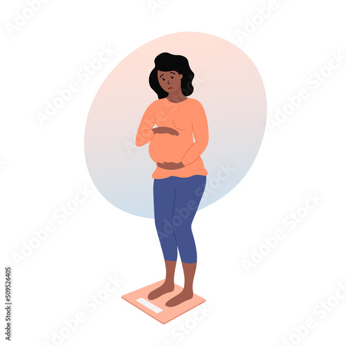 Pregnant woman standing on scales and checking weight. Pregnancy weight gain. Unhappy african american future mother. Flat vector illustration