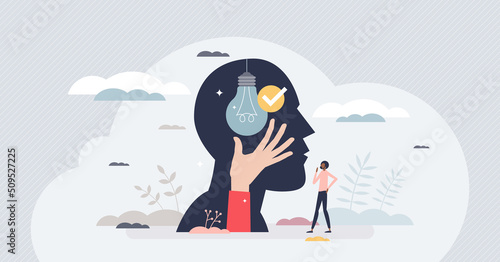 Intelligence and innovative new smart ideas thinking tiny person concept. Intellectual brain power with creative approach and successful solutions vector illustration. Logic visualization in head.