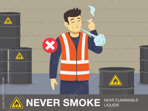 Fire safety activity. Never smoke near flammable liquids warning design. Young male worker smoking in explosive and flammable area. Flat vector illustration template.