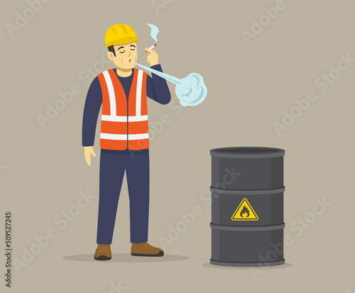 Isolated construction worker holding cigarette and blow out smoke near flammable barrel. Flat vector illustration template.