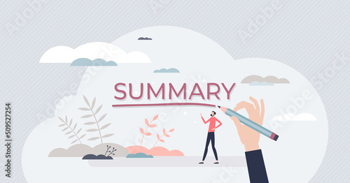 Summary as compact text essence and final conclusion tiny person concept. Headline text for overview slide head vector illustration. Information presentation with simple main key points. Data resume.
