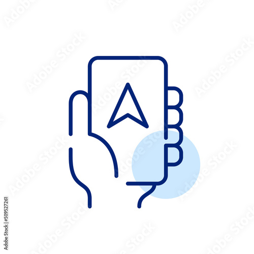Hand holding a smartphone with a navigation app on it. Pixel perfect, editable stroke line art icon