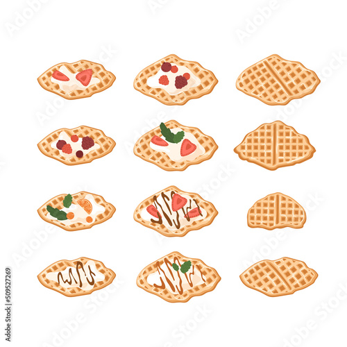 Croffles set. Sweet waffles collection with different toppings: orange, strawberry slices, blueberries, raspberry, mint leaves, cream, caramel, chocolate syrup. Vector illustration with asian desserts