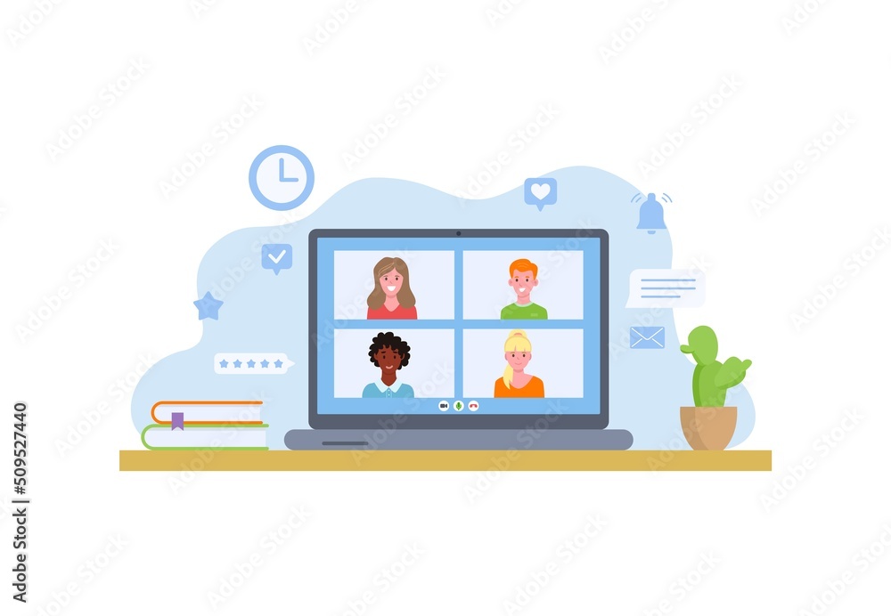 Laptop screen online video chat. Video conference, online training, video meeting program.Windows with chat participants Laptop screen online video chat. Video conference, online training, video meeting program.Windows with chat participants