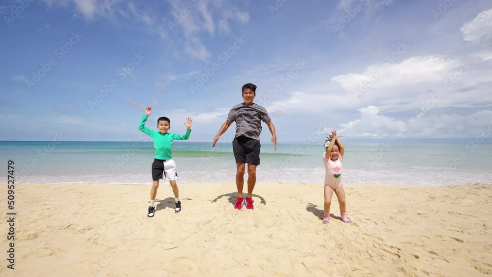 4K Happy Asian family grandfather jogging exercise with little grandchild boy and girl on tropical beach. Healthy senior man and children kid enjoy outdoor activity sport training on summer vacation 4K Happy Asian family grandfather jogging exercise with little grandchild boy and girl on tropical beach. Healthy senior man and children kid enjoy outdoor activity sport training on summer vacation