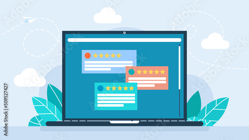 Evaluation of the store. Online survey and customers feedback concept. Assessment of users experience of services, opinions, questionnaire forms and checklists. Flat design. Vector illustration.