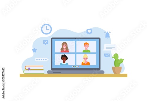 Laptop screen online video chat. Video conference, online training, video meeting program.Windows with chat participants