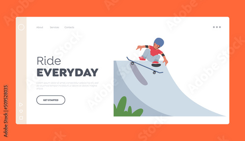Kid Skateboarding Outdoor Activity Landing Page Template. Little Boy in Safety Helmet Jumping on Skateboard at Park