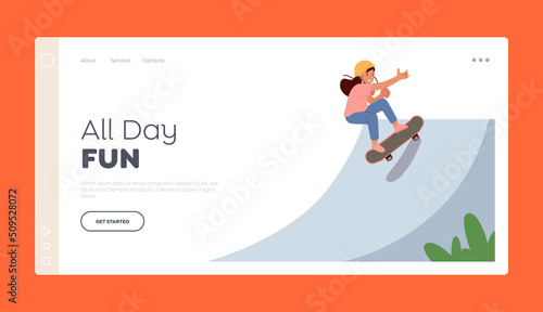 Child Skateboarding Hobby Landing Page Template. Kid Female Skateboard Character Perform Stunts in Rollerdrome