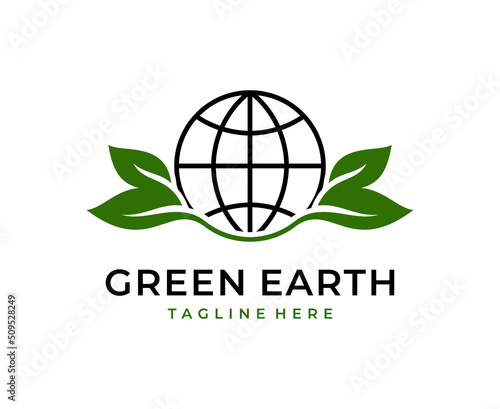 green earth logo design with tree leaf globe vector icon design template