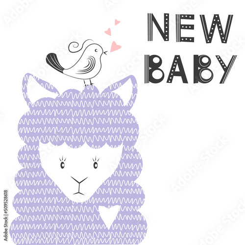 New Baby. Hand drawn cut out funky lettering and cute llama head. Llama and letters baby shower card, nursery poster, greeting card, clothing.