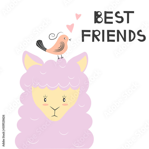 Cute llama and bird. Best friends animal characters. Kids vector illustration.