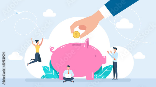 The concept of saving money. Piggy Bank for storing money. Tiny characters put gold coins in a piggy bank. Business concept of savings, dividends, credit interest. Flat style. Vector illustration