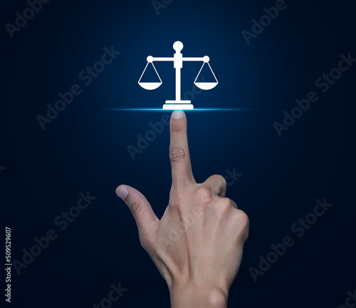 Hand pressing law flat icon over blue background, Business legal service concept