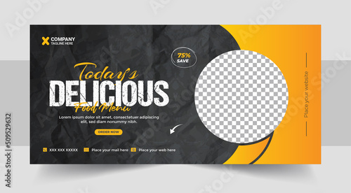 Fast food business promotion web banner template design, Restaurant healthy burger online sale social media marketing cover or flyer template