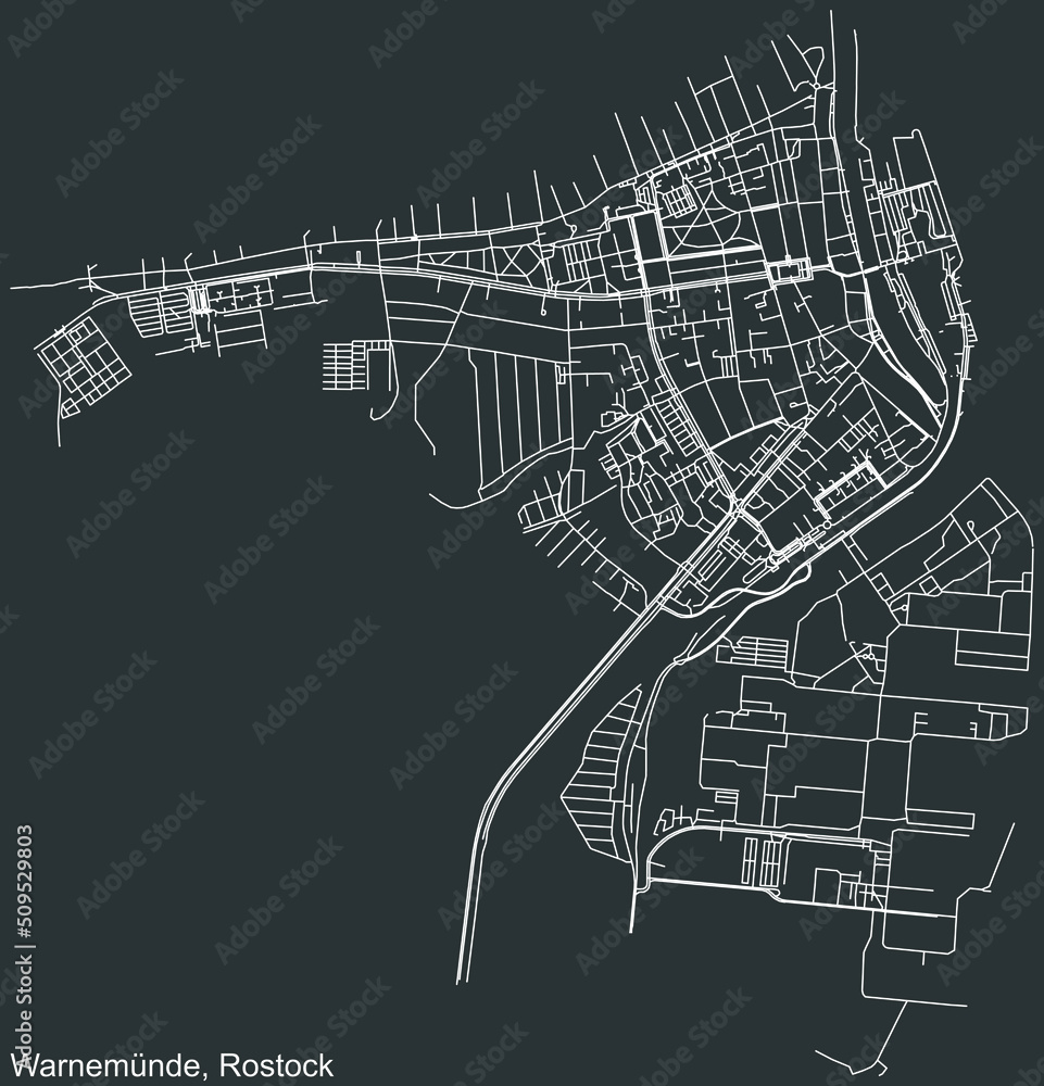 Detailed negative navigation white lines urban street roads map of the SEEBAD WARNEMÜNDE DISTRICT of the German regional capital city of Rostock, Germany on dark gray background Detailed negative navigation white lines urban street roads map of the SEEBAD WARNEMÜNDE DISTRICT of the German regional capital city of Rostock, Germany on dark gray background