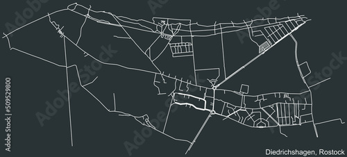 Detailed negative navigation white lines urban street roads map of the DIEDRICHSHAGEN DISTRICT of the German regional capital city of Rostock, Germany on dark gray background