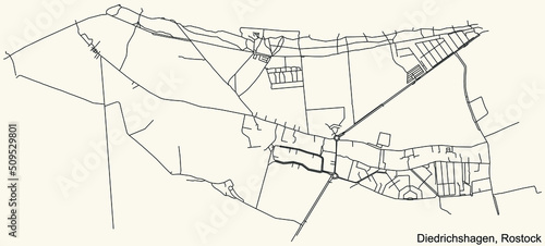 Detailed navigation black lines urban street roads map of the DIEDRICHSHAGEN DISTRICT of the German regional capital city of Rostock, Germany on vintage beige background