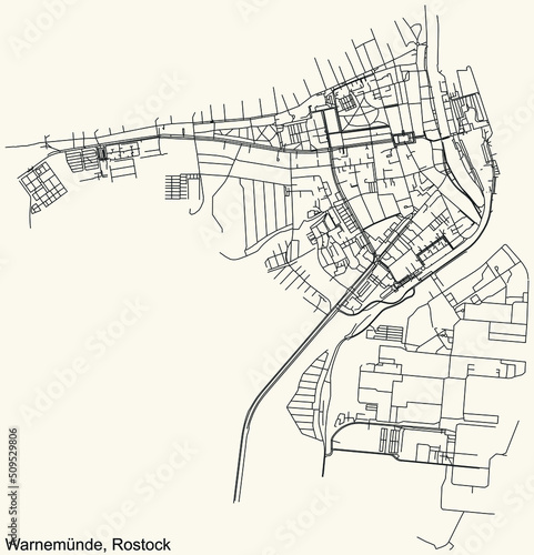 Detailed navigation black lines urban street roads map of the SEEBAD WARNEMÜNDE DISTRICT of the German regional capital city of Rostock, Germany on vintage beige background