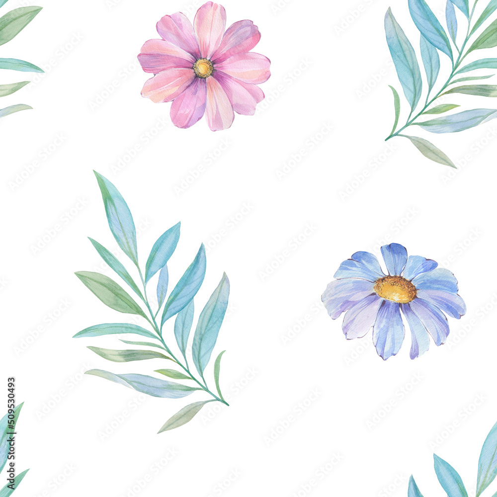 Watercolor flowers and leaves are collected in a seamless pattern isolated on a white background. Watercolor flowers and leaves are collected in a seamless pattern isolated on a white background.