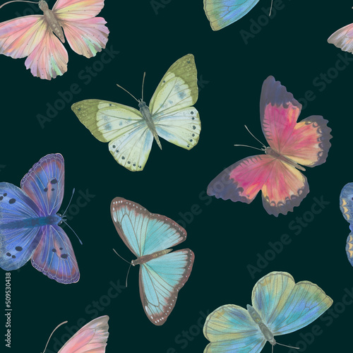 Seamless pattern Watercolor butterflies on a bright background. Botanical background of butterflies for design  wallpapers  wrapping paper  textiles.