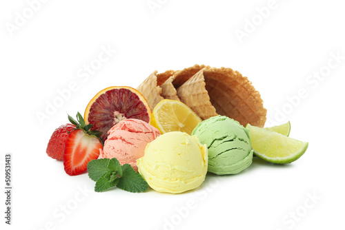 Different ice cream scoops and fruits isolated on white background