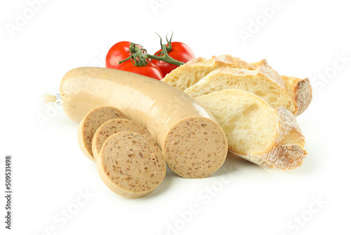 Concept of tasty food with liverwurst sausage, isolated on white background