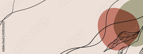 Modern beige banner with abstract spots, vegetative twig and lines with place for placing text, advertising, promotion, congratulations, invitation.
Vector illustration in calm popular colors.