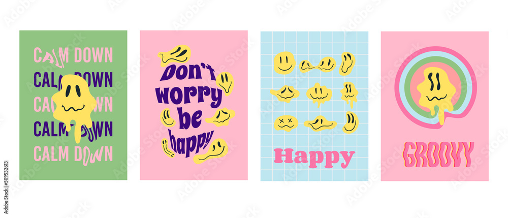 Set posters psychedelic distorted emoji 90s groovy. Retro melting and dripping smiles. Aesthetic Y2k. Vector covers with smile character and text