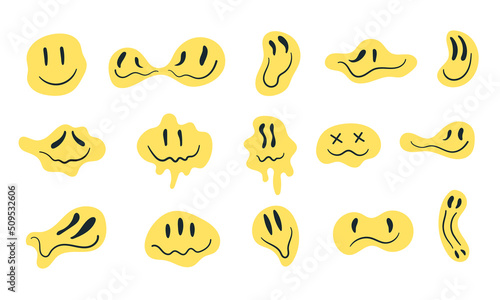 Retro melting and dripping smiles. Distorted set of psychedelic emoticons. Hippie groovy smile character vector set isolated on white background 