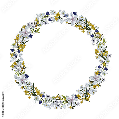 Vector floral wreath. Hand drawn flowers arrange in round border